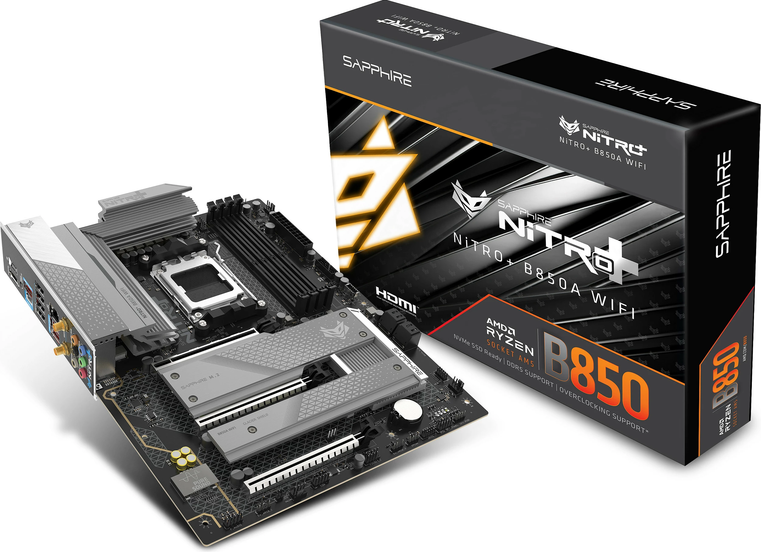 Pllakë amë Sapphire NITRO+ B850A, Socket AM5, DDR5 deri 256GB, Wi‑Fi 7, 2.5GbE, ATX, e zezë/gri