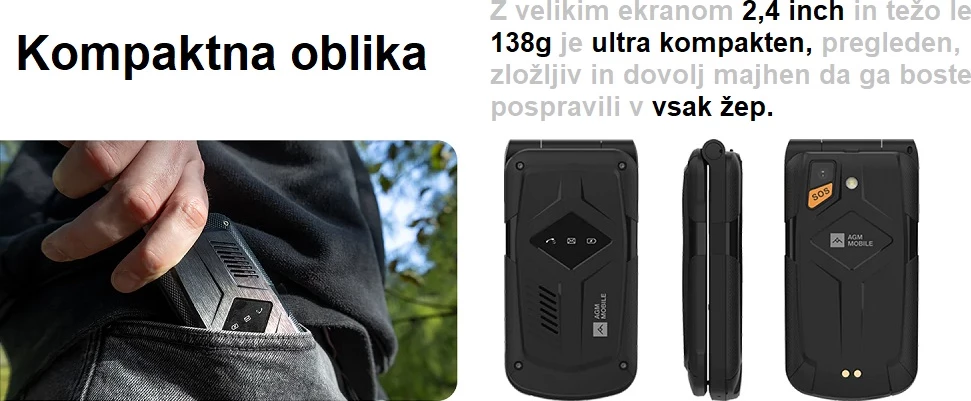 Celular me kapak rezistent AGM Flip M10, 4G LTE, Dual SIM, IP68/IP69K, MIL-STD-810H, butona, i zi