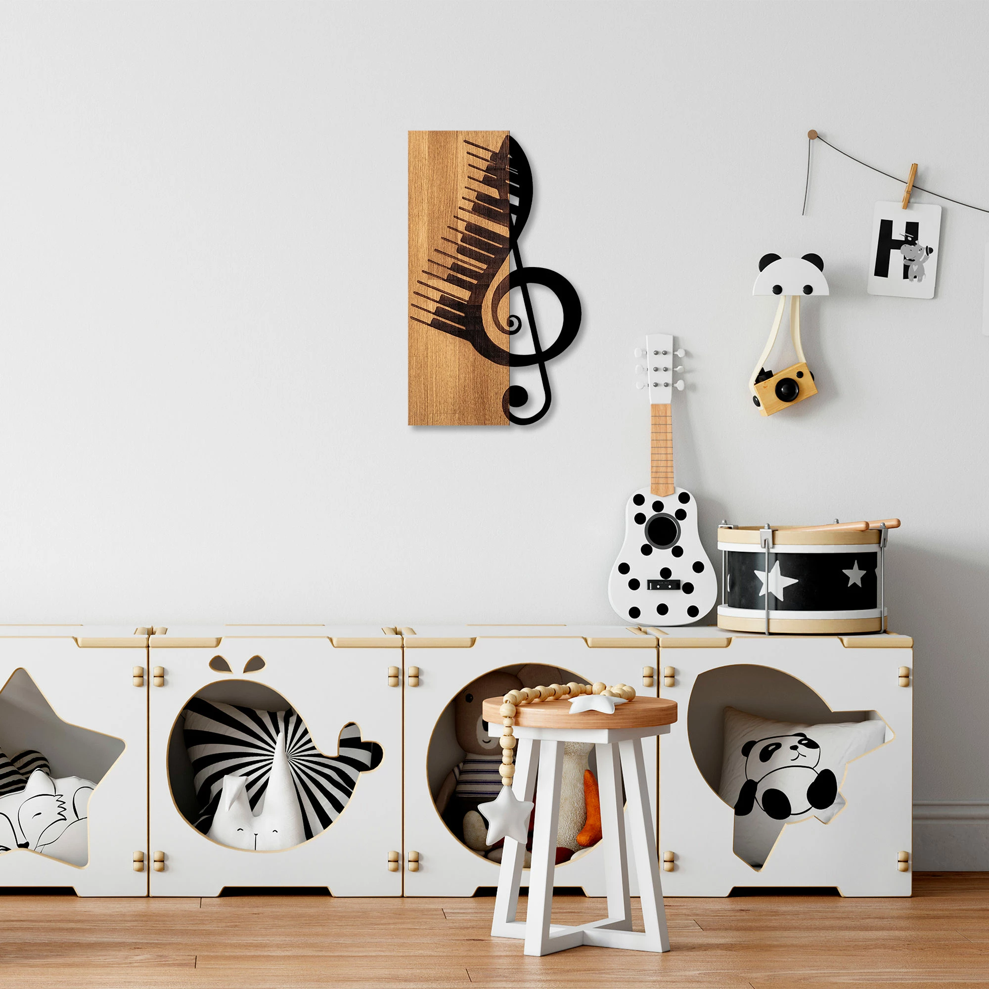 Aksesor dekorativ prej druri për mur, Wallity, motiv muzikor, ngjyrë arre dhe e zezë, 30x50cm