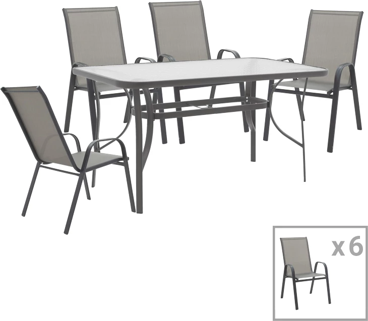 Tavolinë me karrige Calan-Ensure set prej 7 copash, metal dhe tekstilene antracit