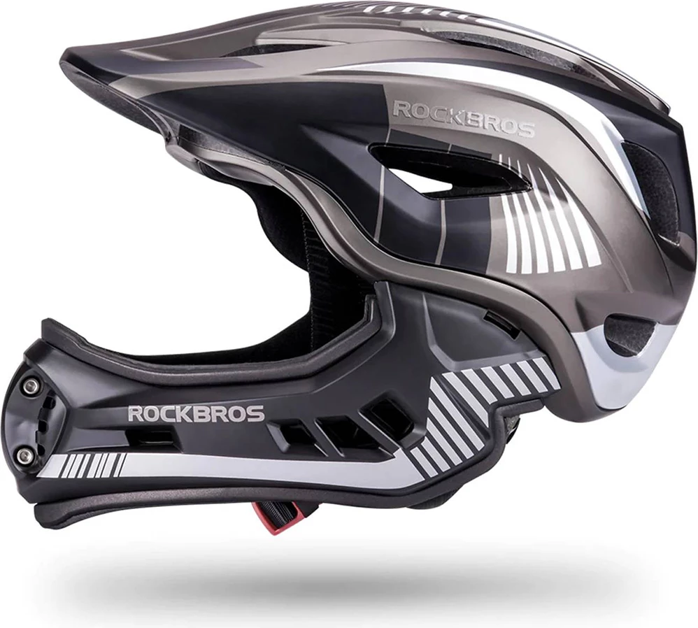 Helmetë biçiklete për fëmijë, Rockbros TT-32SBTG-S, full-face me mjekër të heqshme, rregullim 360°, S (48-54 cm), gri/zezë
