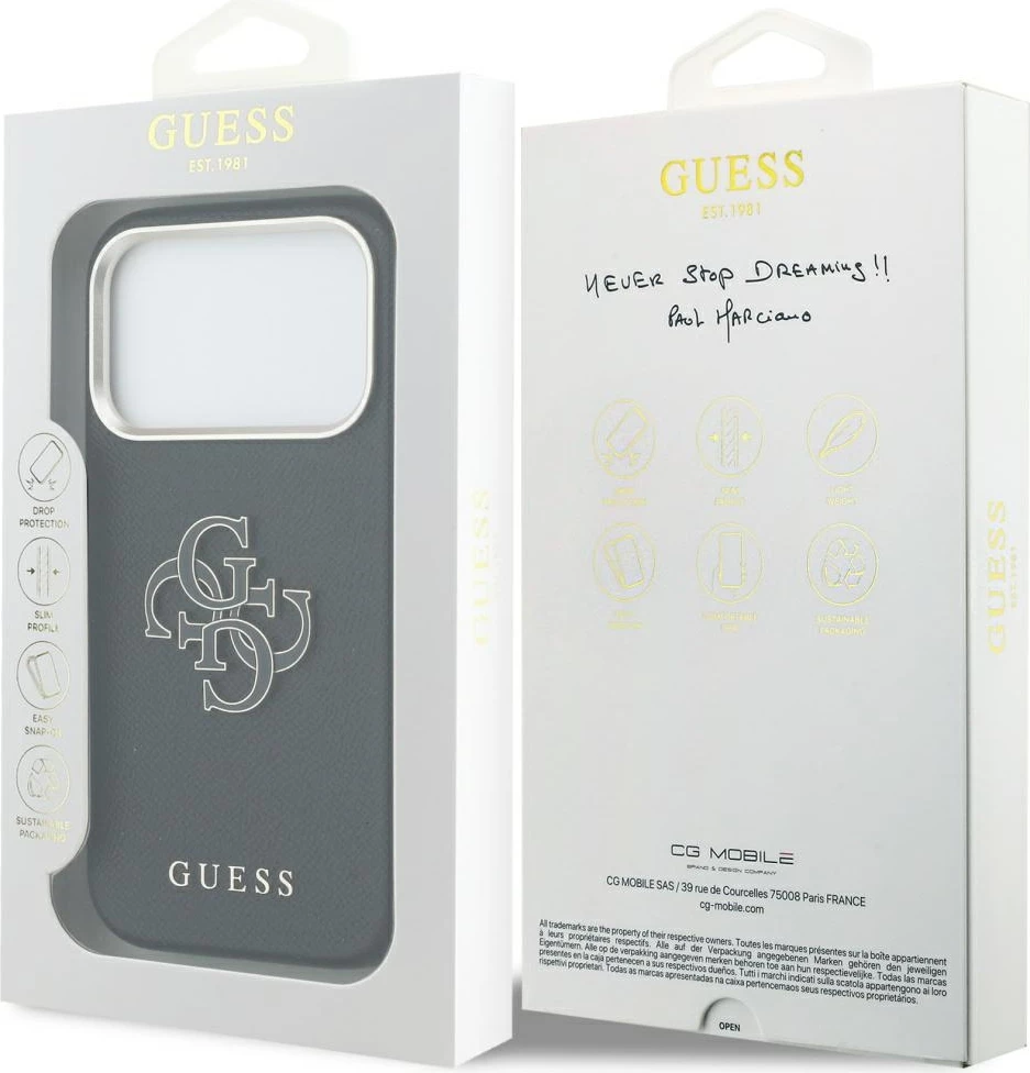 Mbështjellës Guess FW Resin Logo për iPhone 17 Pro, hardcase eco-leather/TPU/PC, i zi, në kuti