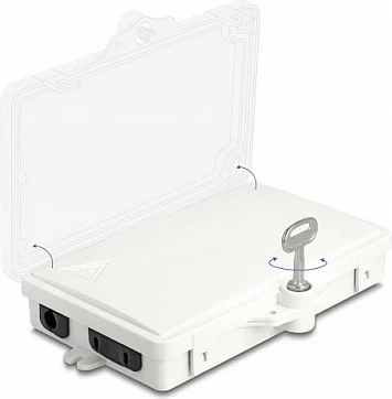 Kuti shpërndarëse fibër optike DeLOCK, IP65, me kyç, 2 porta, montim në mur, e bardhë