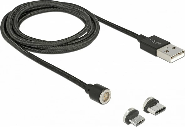 Kabllo USB magnetike DeLOCK 85723, USB-A në USB-C/Micro-USB, 1.1 m, 2.4A, USB 2.0, e zezë