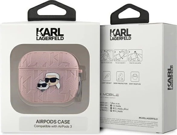 Mbështjellës për AirPods Karl Lagerfeld Monogram Karl & Choupette Head, AirPods 3, eko-lëkurë, me karabinë, rozë, me kuti