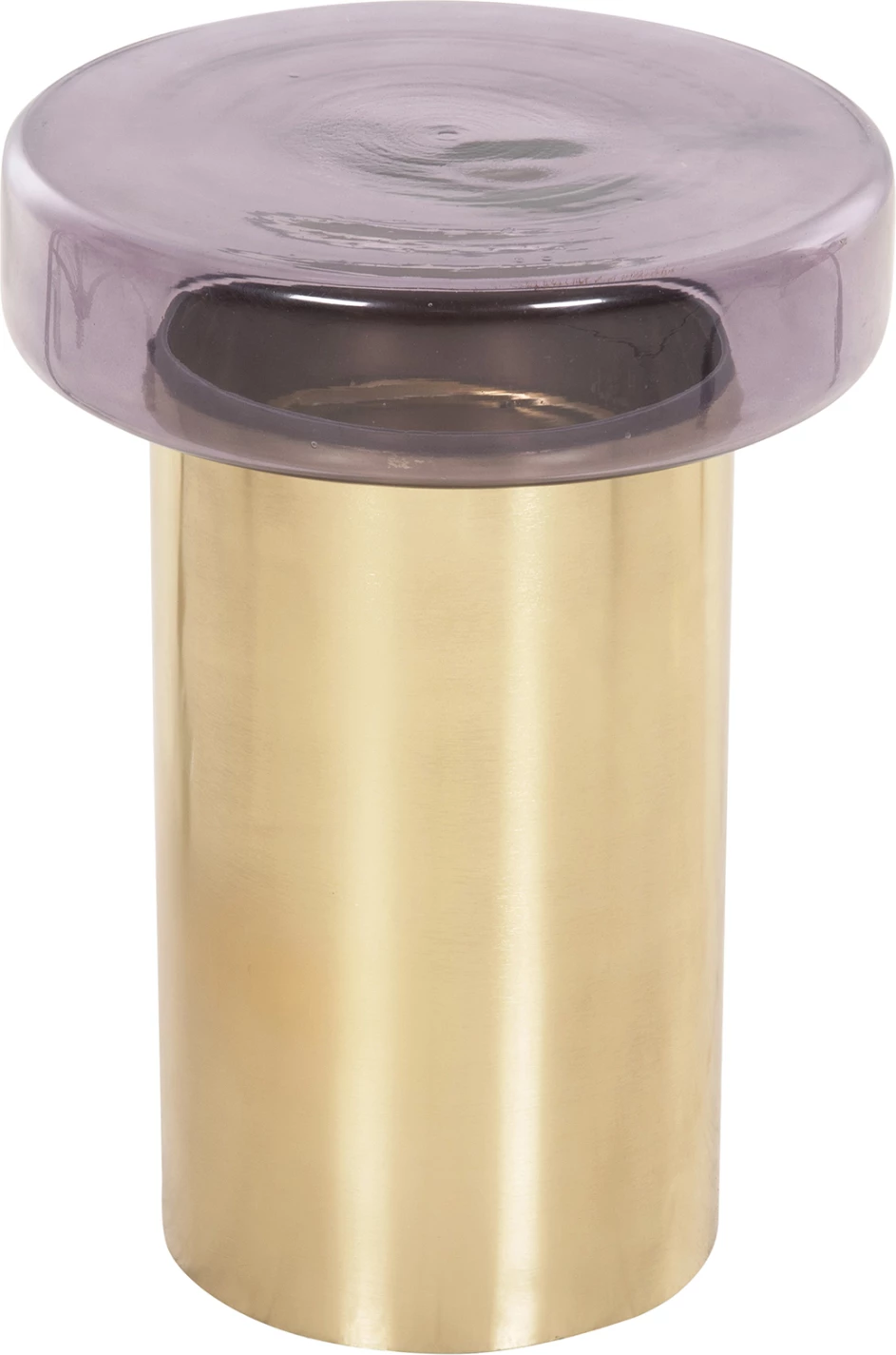 Tavolinë anësore e rrumbullakët, xham ngjyrë vjollcë, bazë metalike e artë, FH9728, Φ39x54H cm