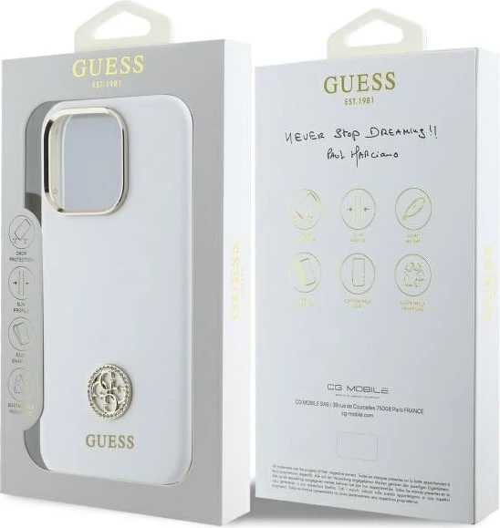 Mbështjellës Guess Silicone Logo Strass 4G për iPhone 16 Pro, Bardhë
