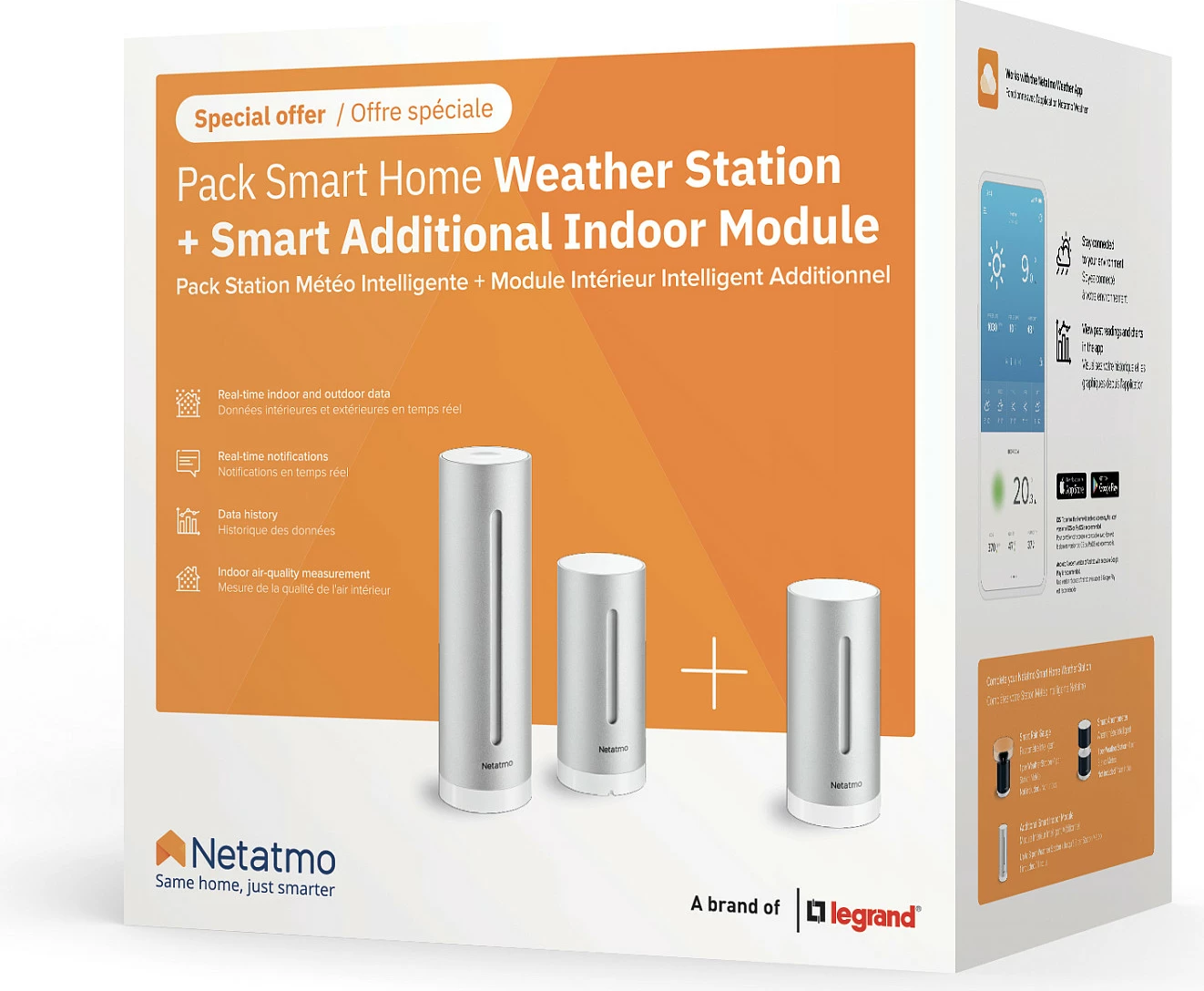 Stacion moti smart Netatmo Indoor Pack, Wi‑Fi, module indoor + modul shtesë indoor + sensor outdoor, argjendtë