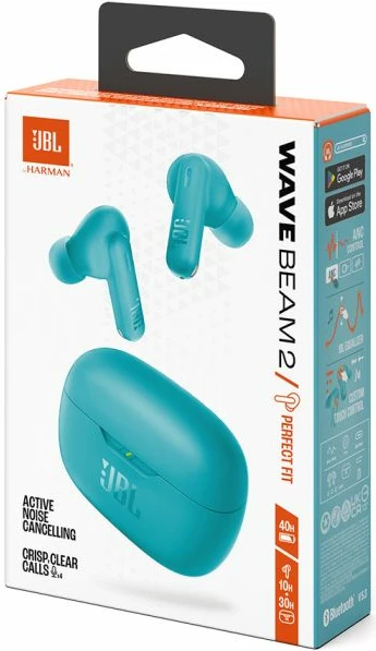 Kufje wireless JBL Wave Beam 2, ANC, Bluetooth 5.3, 40 orë, IP54, blu, me kuti karikimi