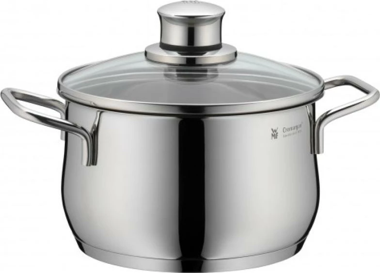 Tenxhere WMF Diadem Plus (07 3004 6040), çelik inoks 18/10 Cromargan, bazë TransTherm për të gjitha sobat me induksion, me kapak qelqi, argjendtë, set 4 copë