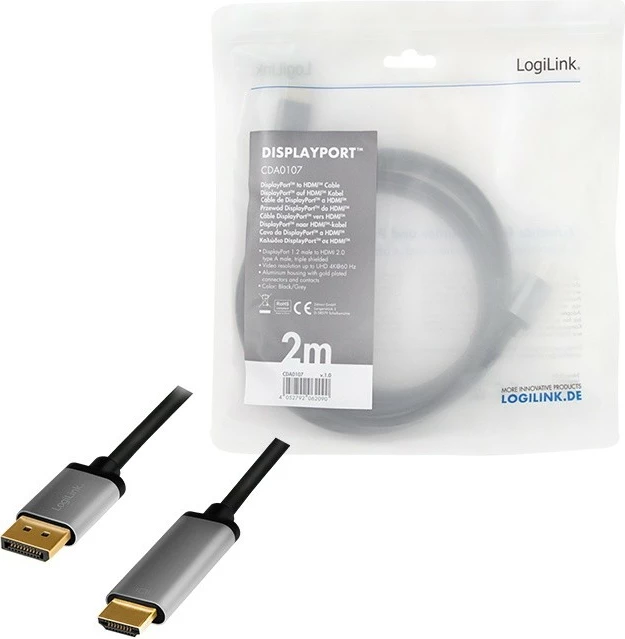 Kabllo DisplayPort në HDMI LogiLink CDA0107, 2m, e zezë/argjendtë