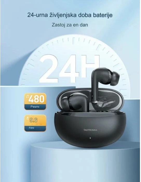 Kufje pa tela TaoTronics BH1118, ANC -35 dB, 24 orë, IPX5, 4x ENC, të zeza, me kuti karikimi