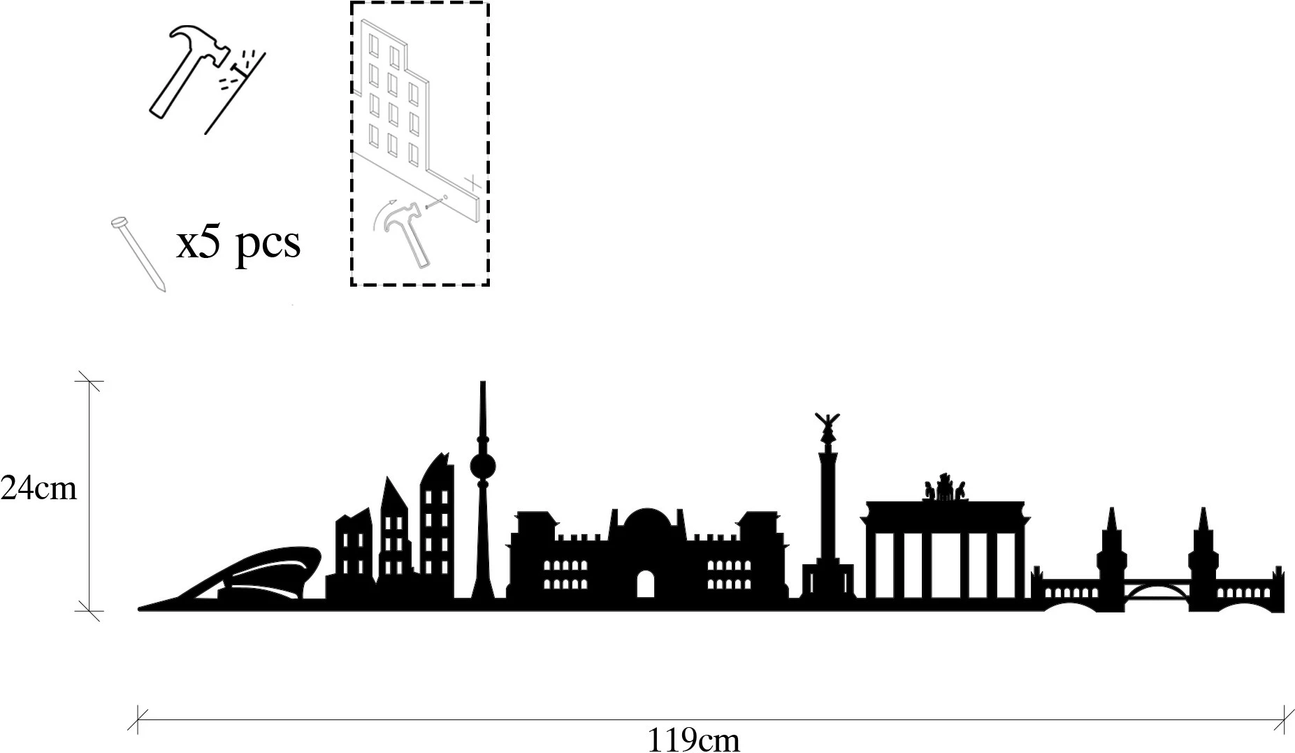 Aksesor dekorativ metalik për mur, Wallity, skyline i Berlinit