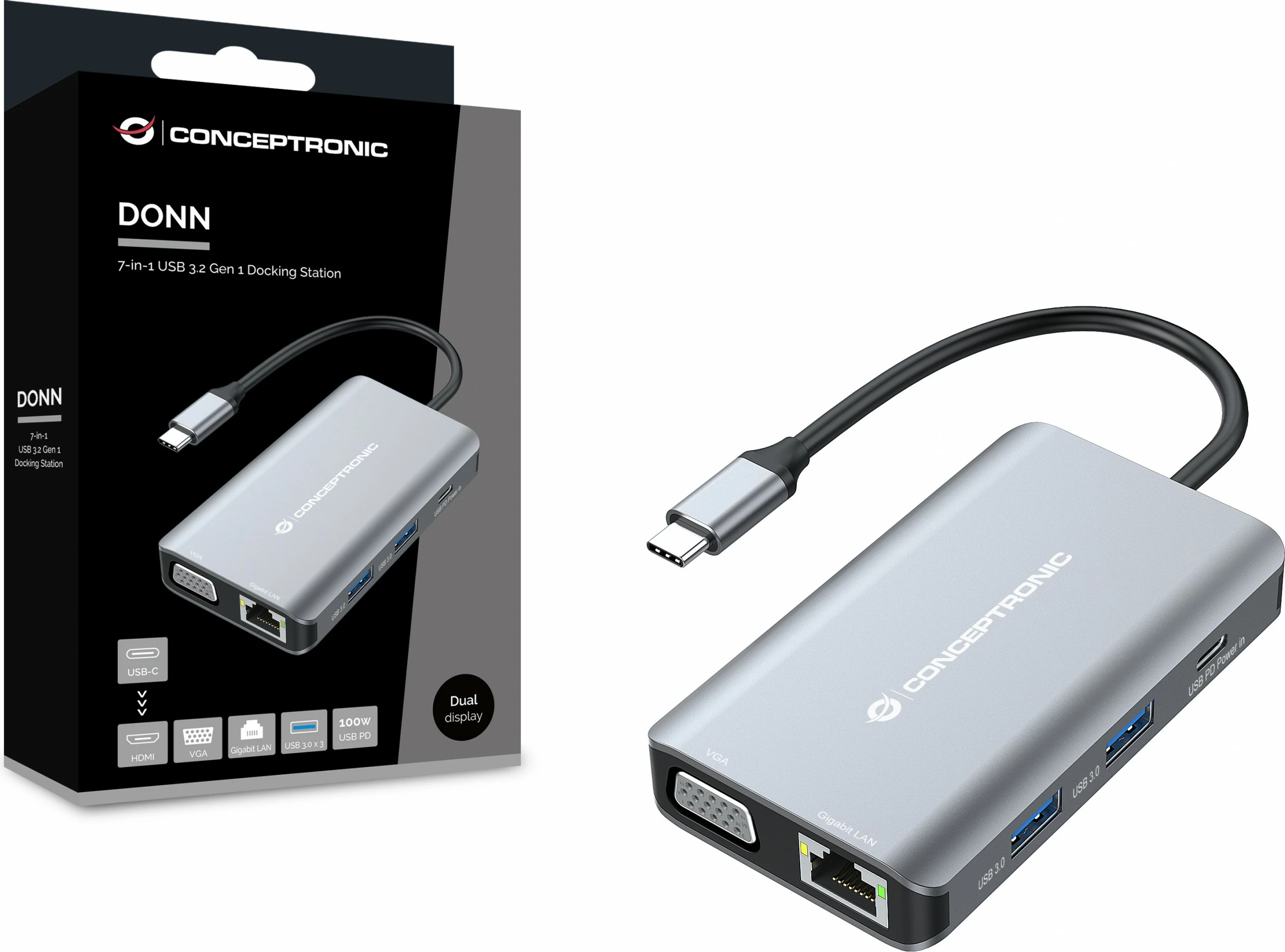 Docking station Conceptronic 7-1 USB-C HDMI VGA 3xUSB-A 25cm gri