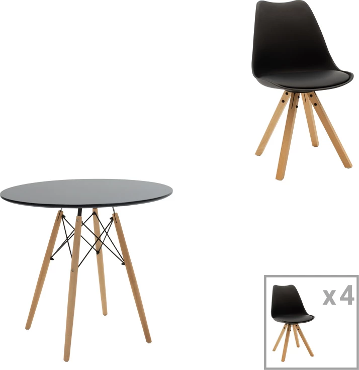 Tavolinë me karrige Julita-Caron, 5 pjesë, MDF, ngjyrë e zezë-natyrale, D80x76cm