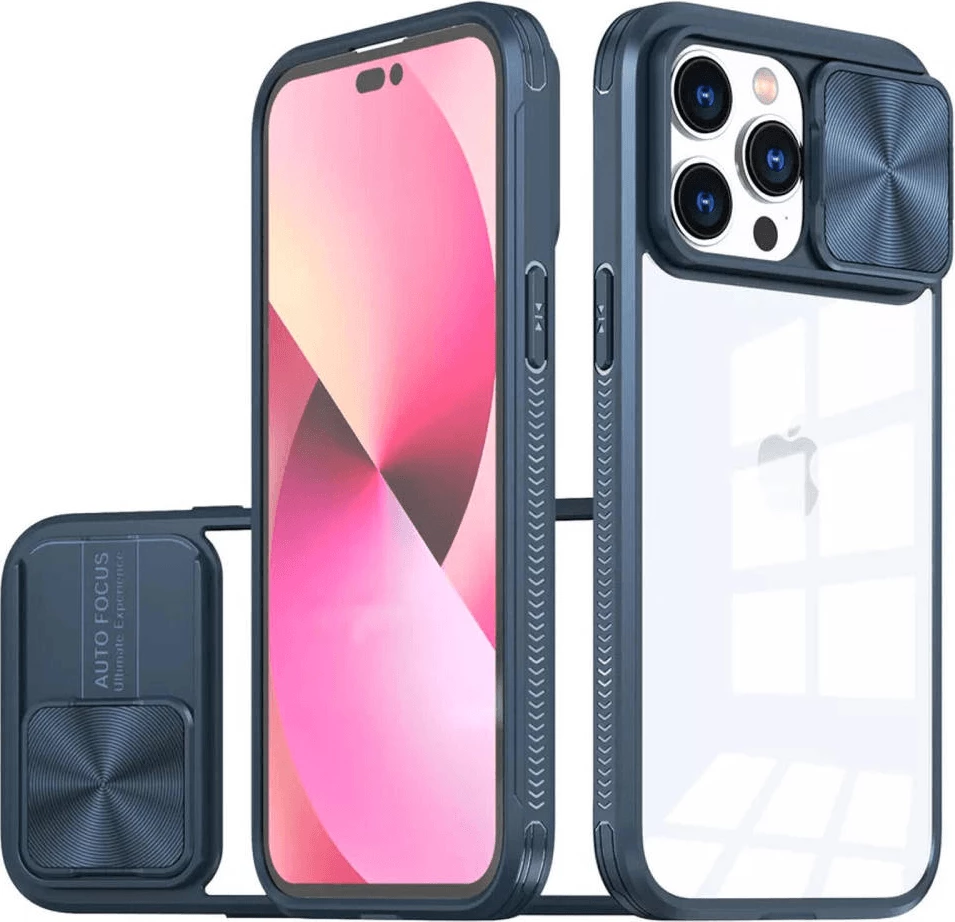 Mbështjellës silikoni me mbrojtje kamere ONASI për iPhone 15 Pro Max, transparent/kaltër