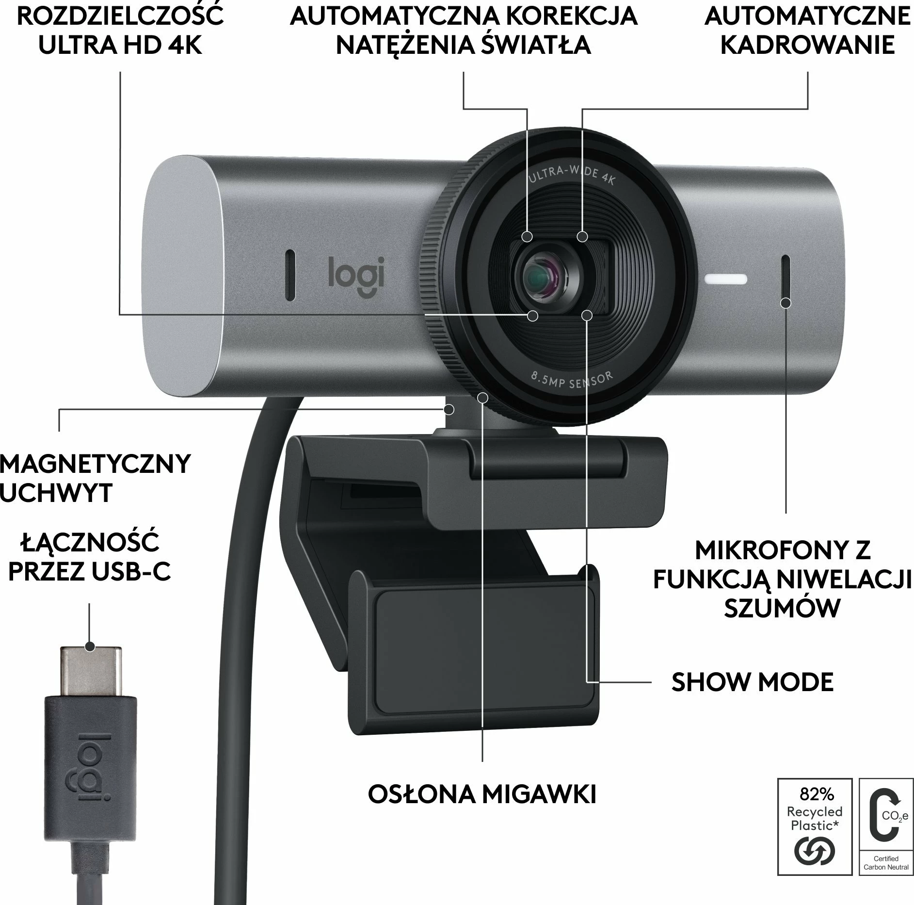 Webcam Logitech MX Brio 960-001559 4K Ultra HD USB-C, mikrofona stereo, 90°, zoom 4x, Grafit