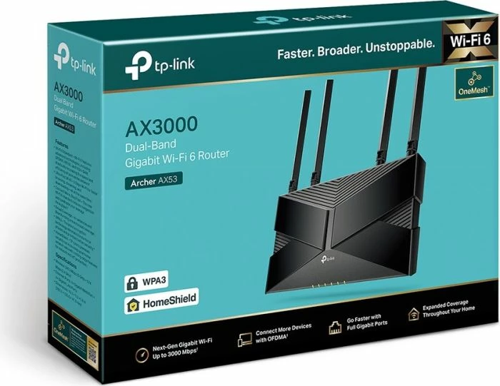 Router Wi‑Fi TP-LINK Archer AX53 AX3000 Dual Band Gigabit Wi‑Fi 6, zi, set me adapter rryme dhe kabllo RJ45