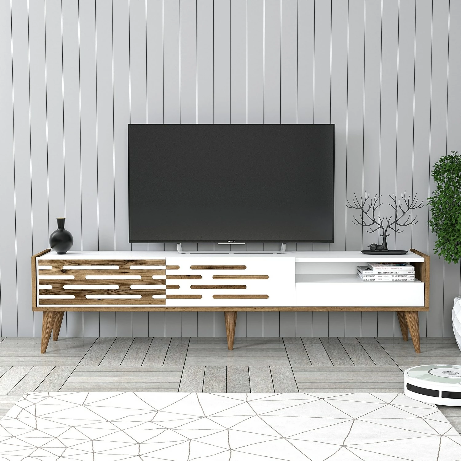 Komodë TV Hanah Home, Valensiya, ngjyrë arre dhe e bardhë