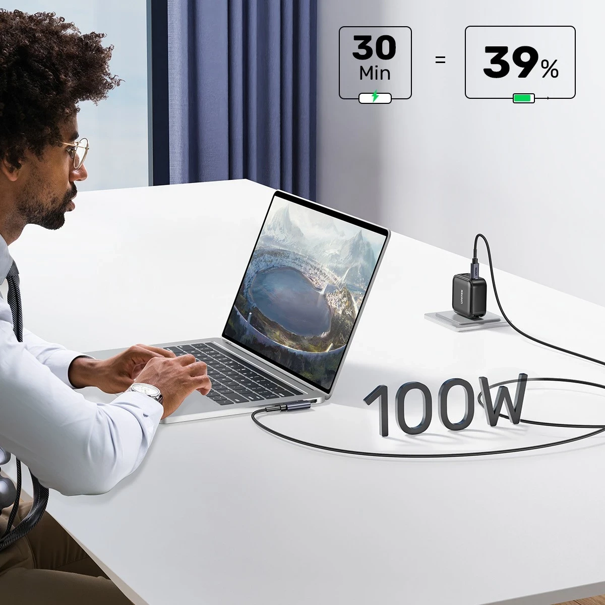 Kabull Unitek USB-C këndor 90° PD100W 3m, ngjyrë zi-hiri