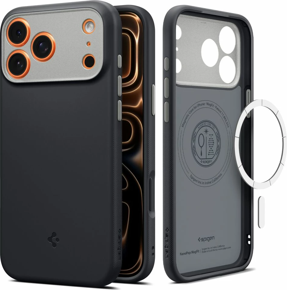 Mbështjellës Spigen Nano Pop MagSafe për iPhone 17 Pro Max, poliuretan, MagSafe, qoshe të përforcuara, kornizë e ngritur kamerës, i zi