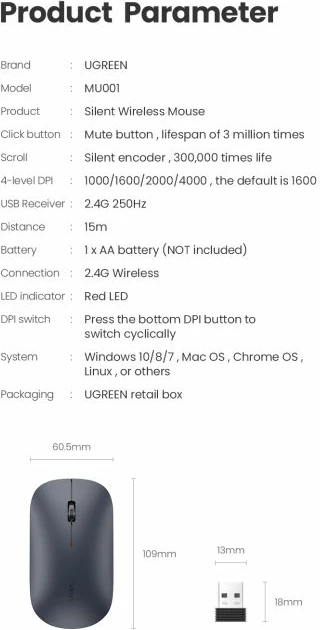 Maus UGREEN 90373 wireless 2.4GHz silent, 4000 DPI, ultra i hollë, Light Gray, me USB receiver, box
