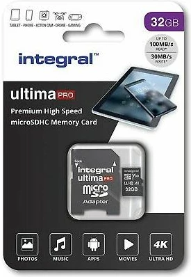 Kartelë memorje microSD Integral INMSDH32G-100/70V30 32GB UHS-I U3 V30 A1 100MB/s me adapter SD, e zezë