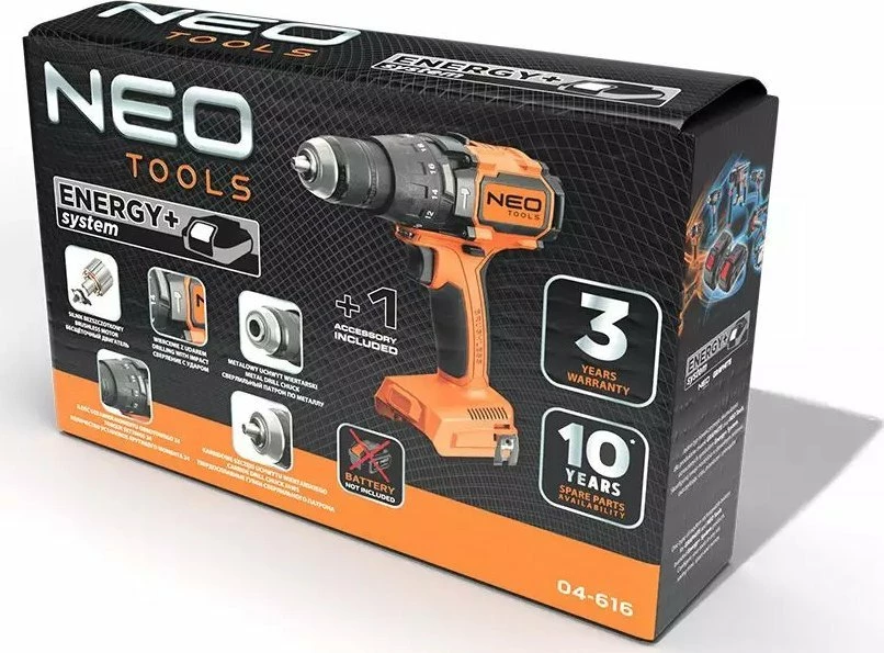 Trapan udaror/vidhosëse me bateri Neo 04-616, 18 V, brushless, 100 Nm, mandrinë 13 mm, pa bateri/pa karikues, portokalli/zi