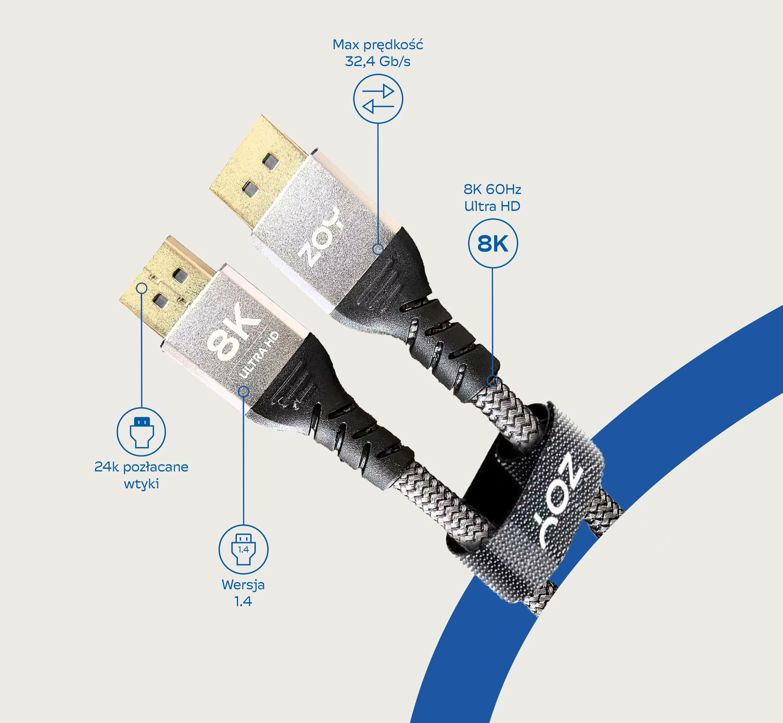 Kabllo DisplayPort ZOY ZCD3 3m DP 1.4 8K 60Hz 32.4Gb/s, gri