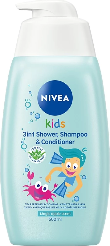 Xhel dushi dhe shampo për fëmijë Nivea Kids 3in1, mollë dhe karamel, 500ml