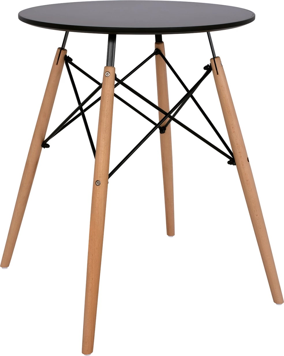 Tavolinë ngrënieje rrethore minimaliste, FH0060.02, sipërfaqe MDF, ngjyrë e zezë, këmbë druri ahu, Φ60x72H cm