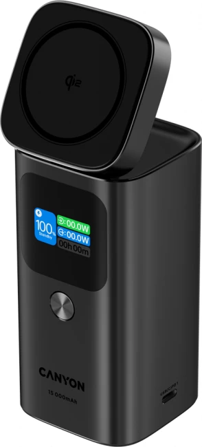 Power bank magnetik Qi2 CANYON OnPower 150 15000mAh 100W, alumin, gri e errët