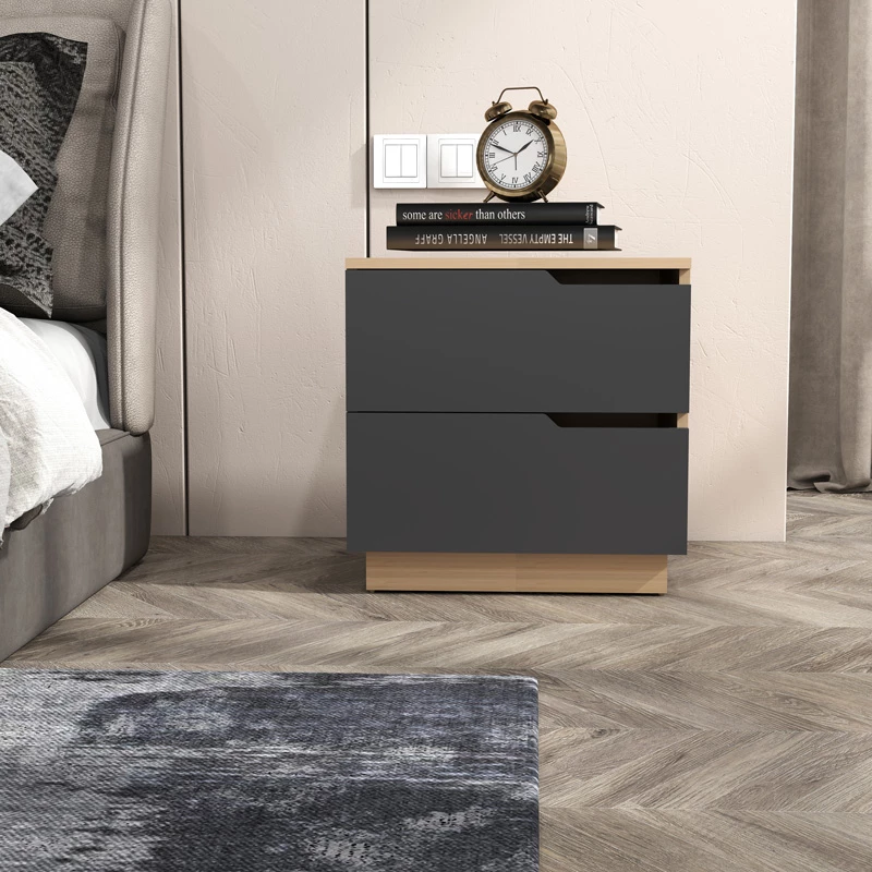 Komodinë anës krevati Verena I, ngjyrë natyrale-antracit, 48x40x48cm