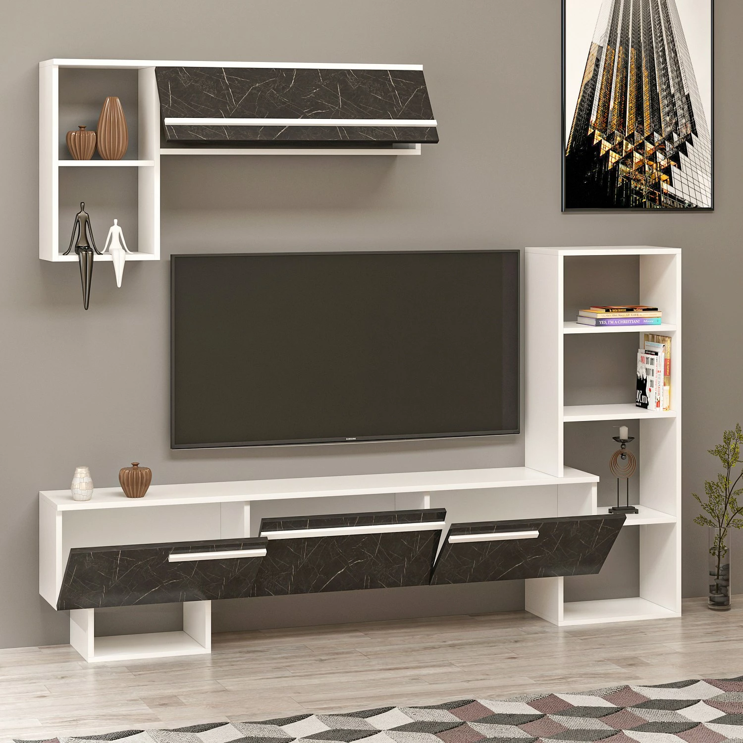 Komodë TV Hanah Home, Mega, e bardhë dhe mermer mbretëror