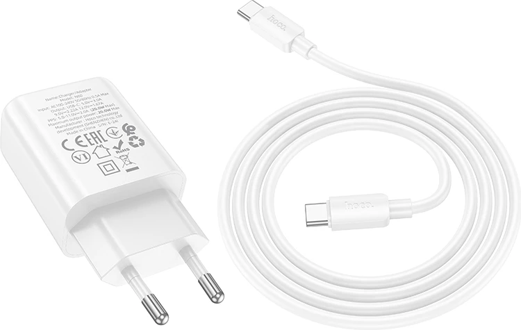 Karikues USB-C HOCO N60 GaN PD 20W, me kabllo Type-C në Type-C 1m, i bardhë, set