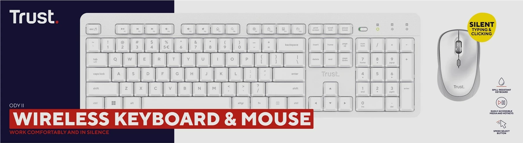 Set tastierë me maus Trust Ody II, Wireless, QWERTY US, Bardhë