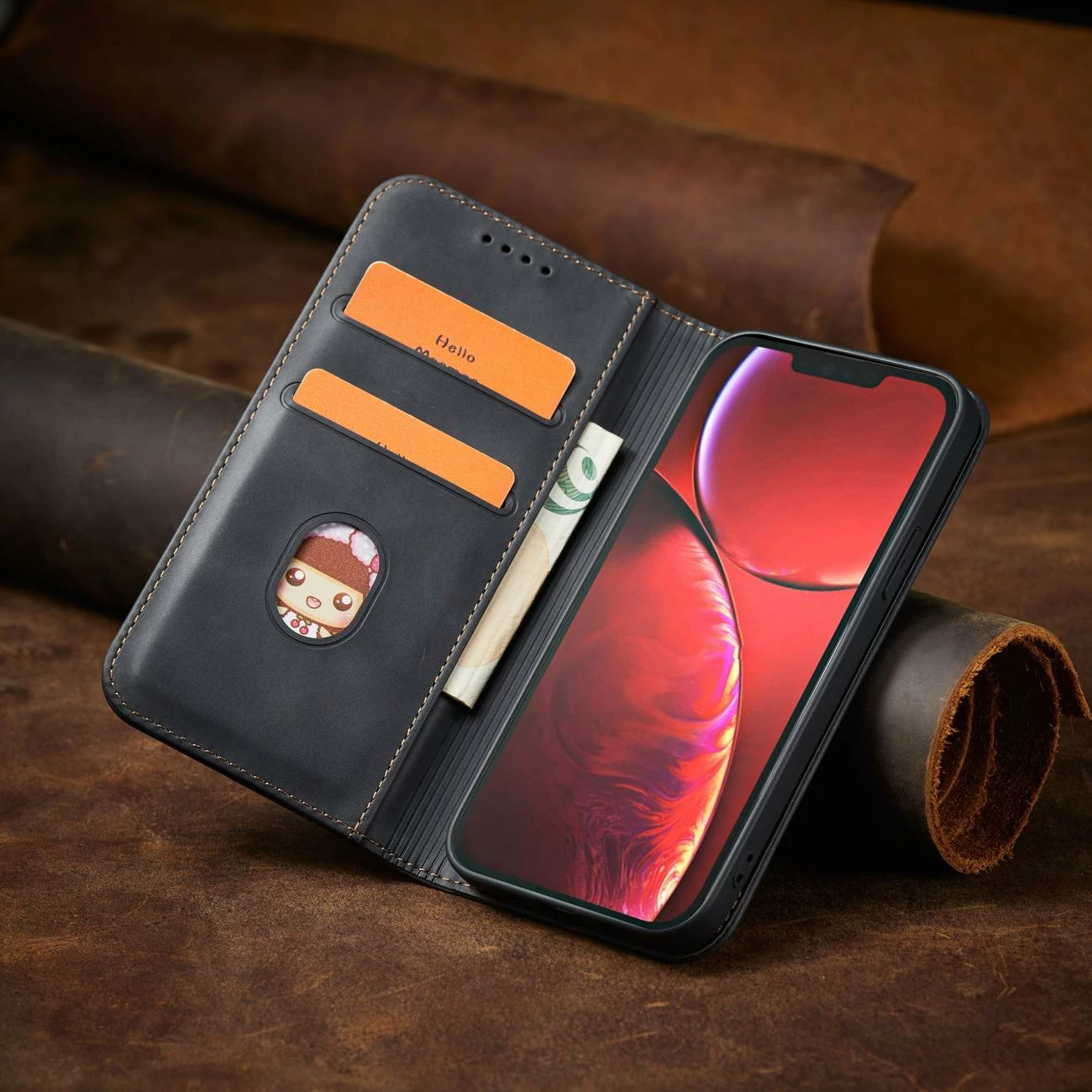Mbështjellës Hurtel Magnet Fancy Case për iPhone 14 Pro Max, me kapak, portofol dhe qëndrim, e zezë