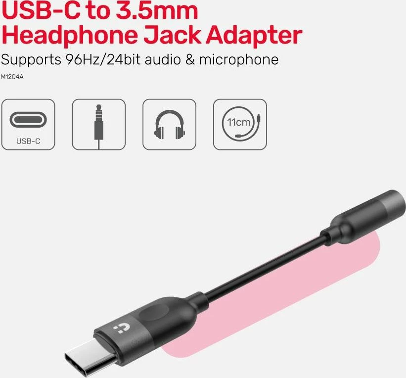 Adapter Unitek M1204A USB-C në Jack 3.5mm, kabllo 11 cm, i zi