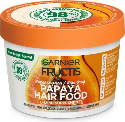 Maskë për flokë Garnier Fructis Papaya Hair Food për femra, 400ml