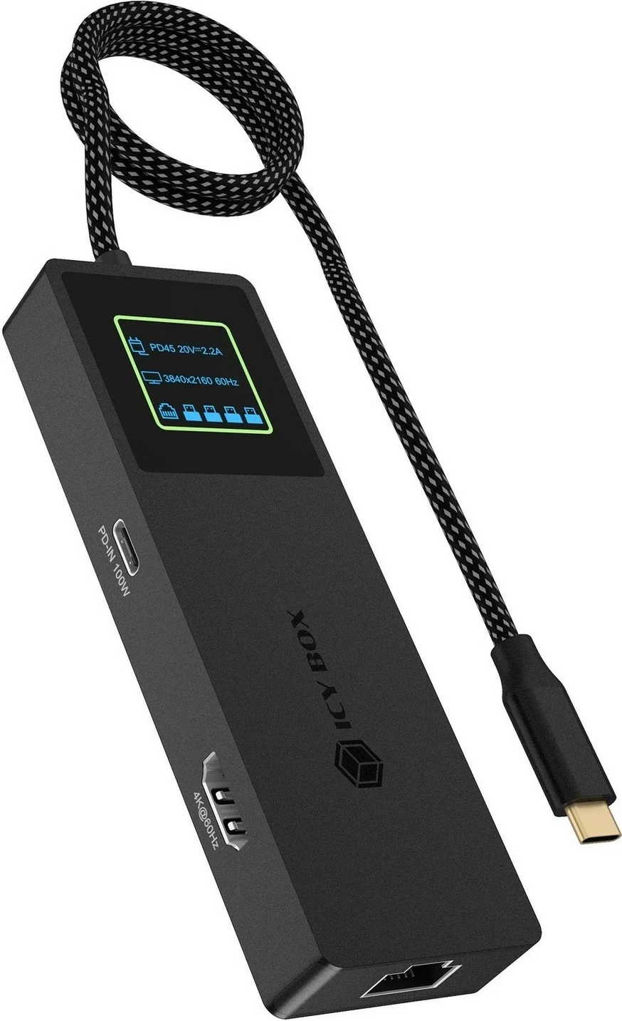 Hub ICY Box Spade Dock 4038, 7 porte, 3x USB-A, 1x USB-C, HDMI 4K@60Hz, PD 100W, LCD, e zezë