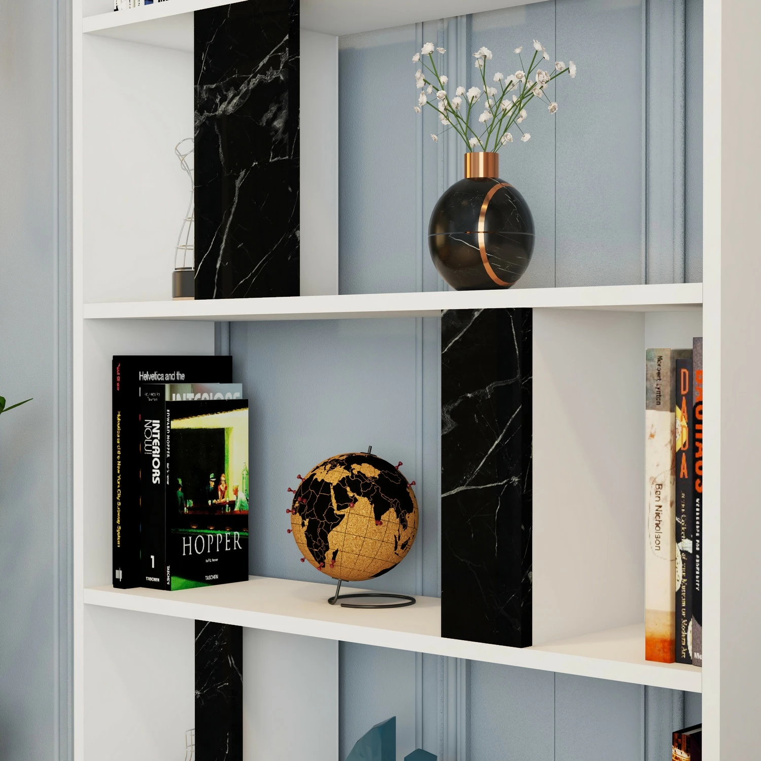 Raft librash Hanah Home, Lima, bardhë, mermer i zi
