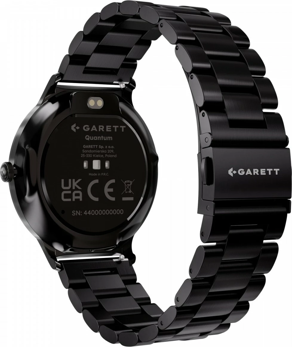 Smartwatch Garett Quantum AMOLED 1.43\" Bluetooth IP68, zi, set me byzylyk çelik + rrip lëkure i zi + dokë karikimi USB