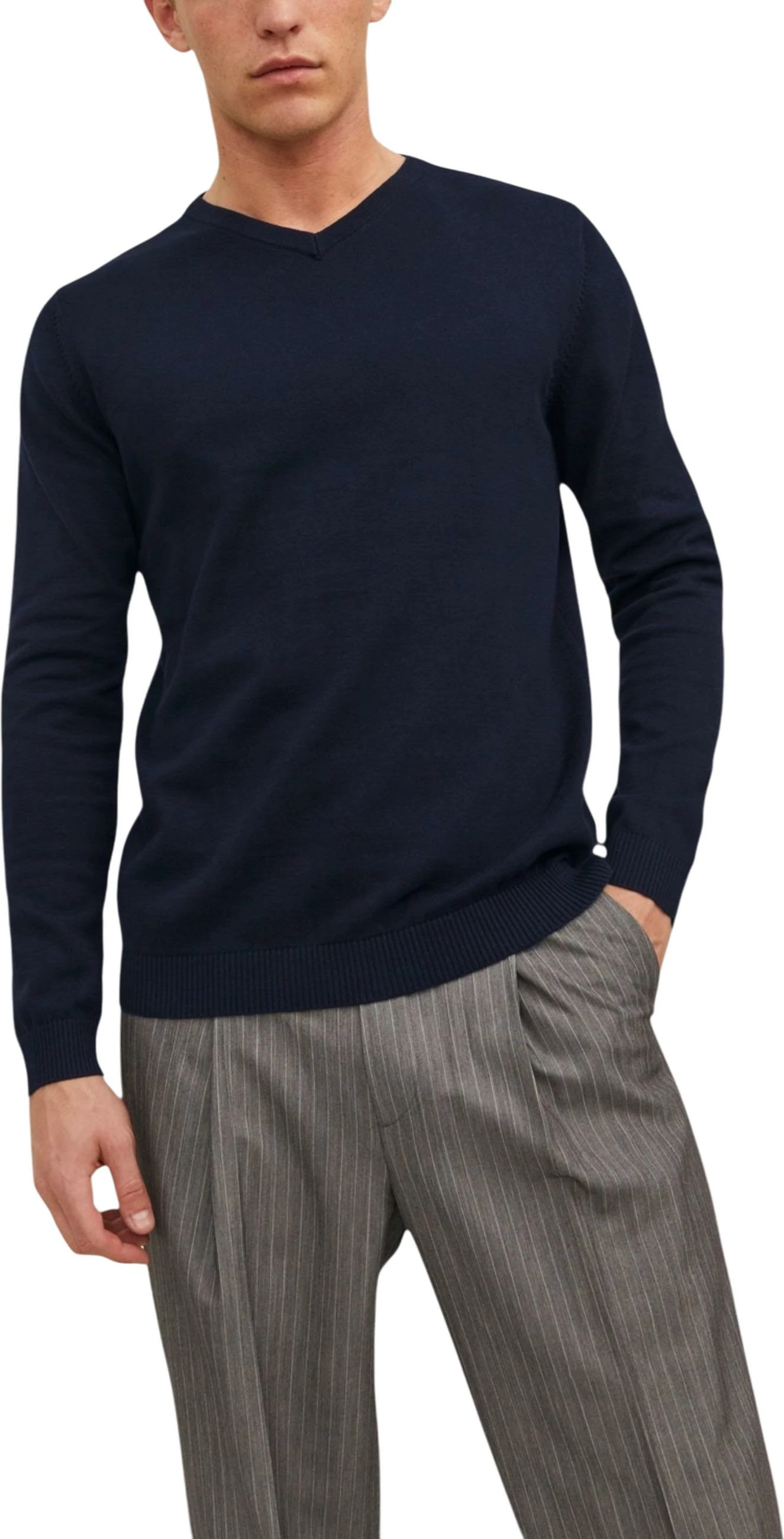 Xhemper për meshkuj Jack & Jones JJEBASIC Knit V-Neck NOOS, kaltër i errët [Madhësia: L]