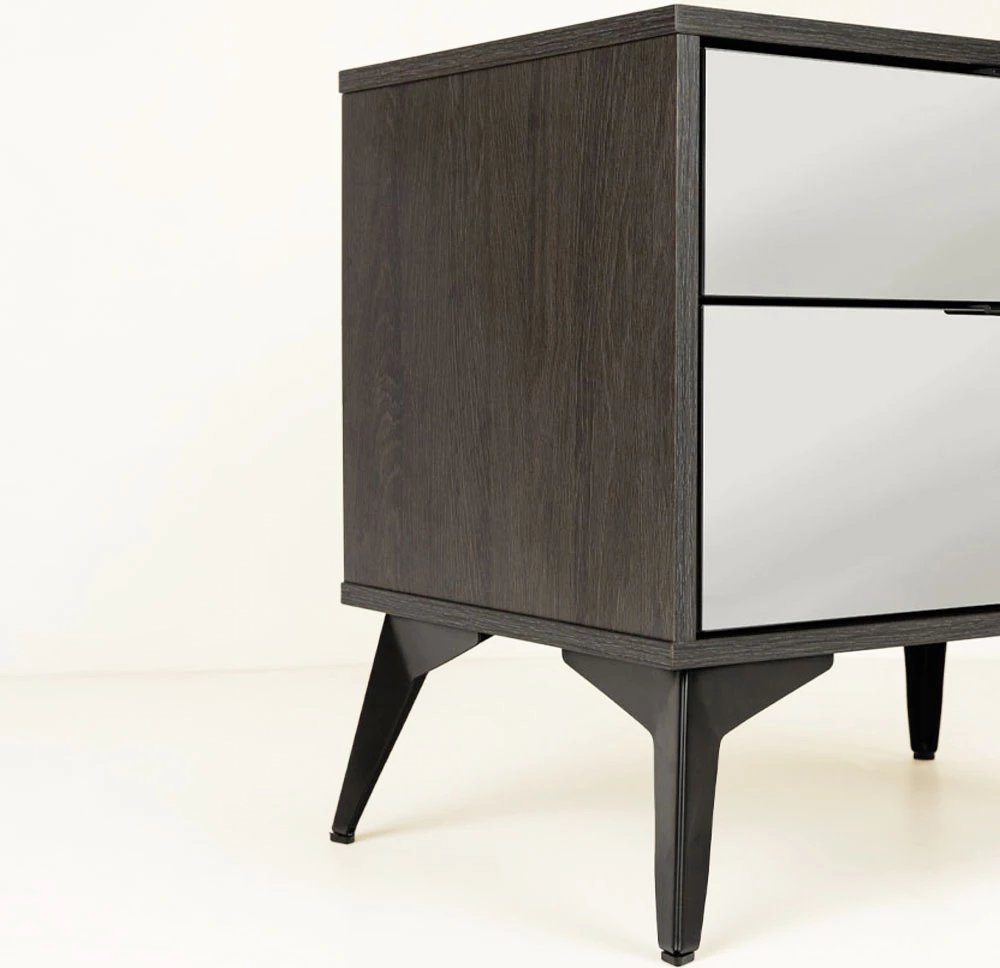 Komodinë nate Specchio, 2 sirtarë, ngjyrë lisi e zezë, pasqyrë, 58x39x55