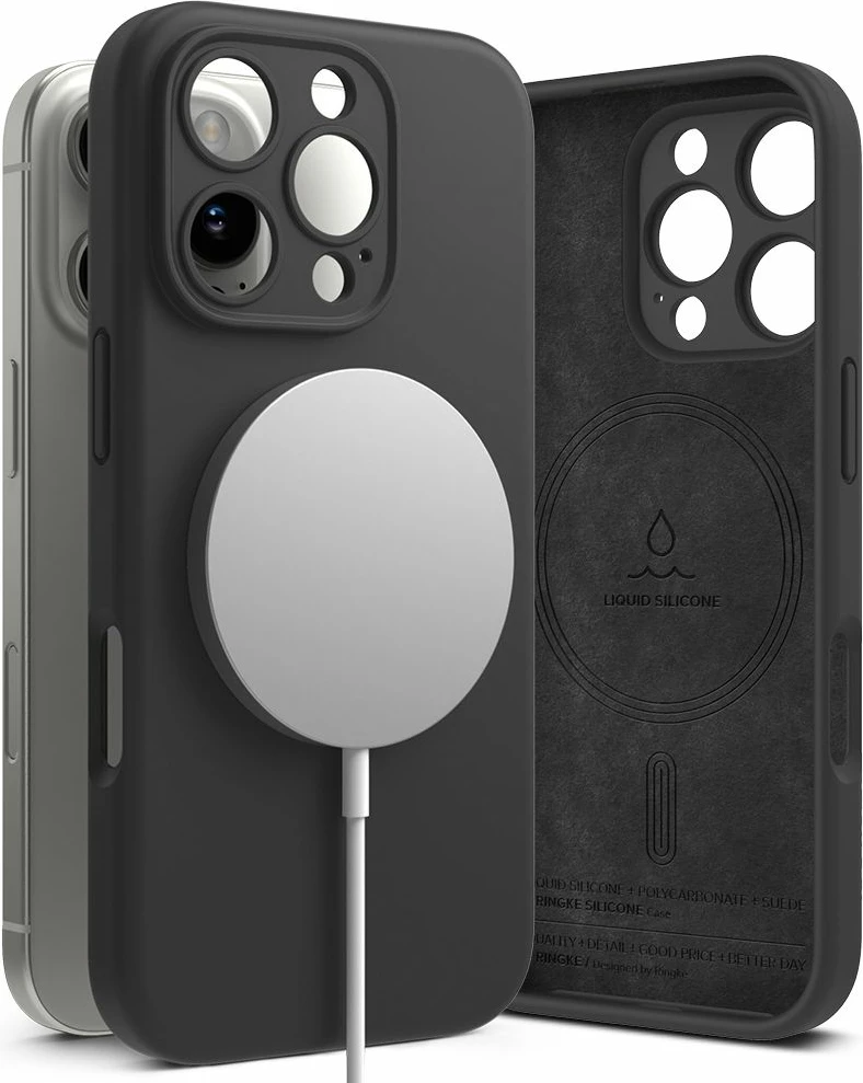 Mbështjellës Ringke Silicone MagSafe për iPhone 16 Pro, i zi