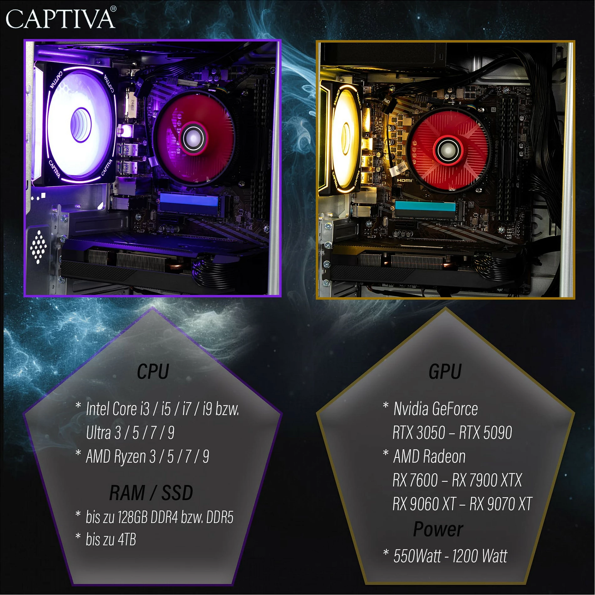 Kompjuter Desktop Captiva Advanced Gaming R98-206, Ryzen 7 5700X, 32GB RAM Memorje, 1TB M.2 SSD, GeForce RTX 5060 8GB, Wi‑Fi 6, Windows 11, i zi