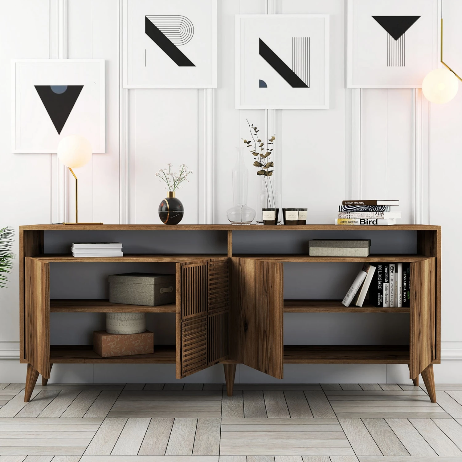 Kompozim për dhomë ndeje, FH11845.01, 3 copë, ngjyrë arre-bardhë