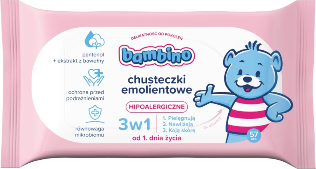 Peceta të lagura për fëmijë Bambino 3-në-1, 57 copë