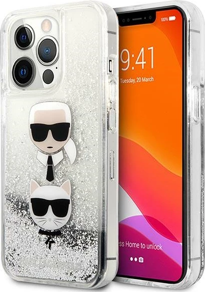 Mbështjellës Karl Lagerfeld KLHCP13LKICGLS për iPhone 13/13 Pro 6.1", hardcase, Liquid Glitter, argjendtë
