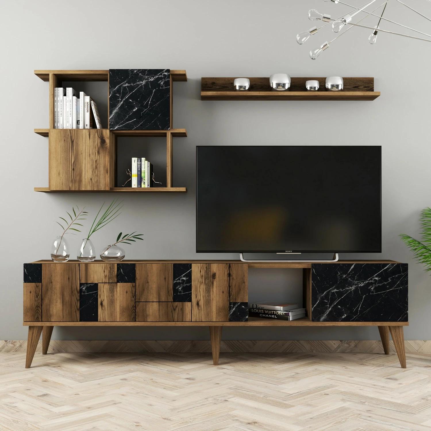 Komodë TV Skye Decor, Madrid, ngjyrë arre dhe e zezë